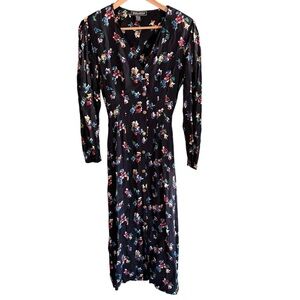 Vintage Equation V Neck Floral 90s Cottagecore Button Front Dress Tie Waist L
